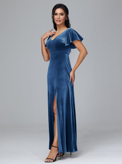Short Sleeves Velvet Bridesmaid Dress With Slit