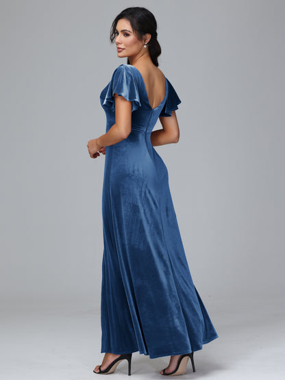 Short Sleeves Plus Size Velvet Bridesmaid Dress With Slit