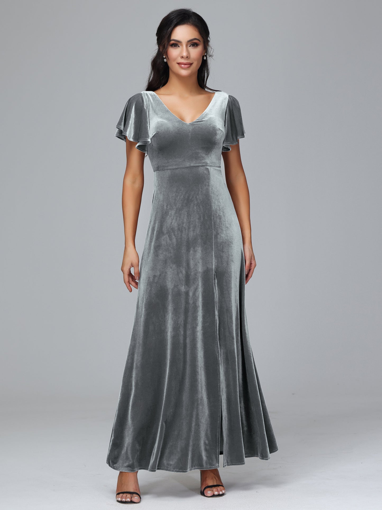 Short Sleeves Plus Size Velvet Bridesmaid Dress With Slit