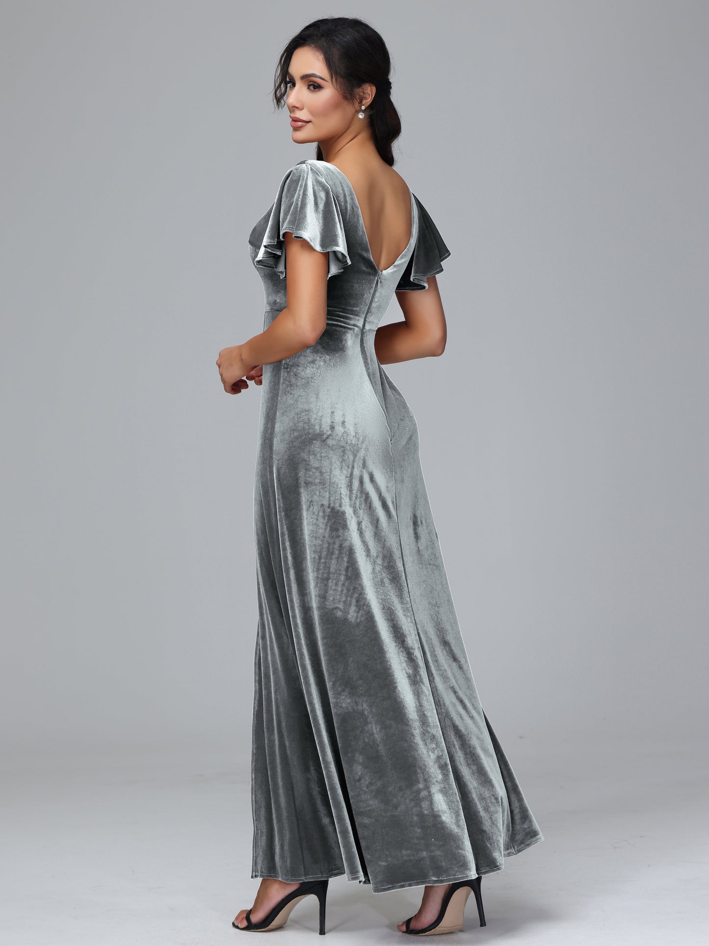 Short Sleeves Velvet Bridesmaid Dress With Slit