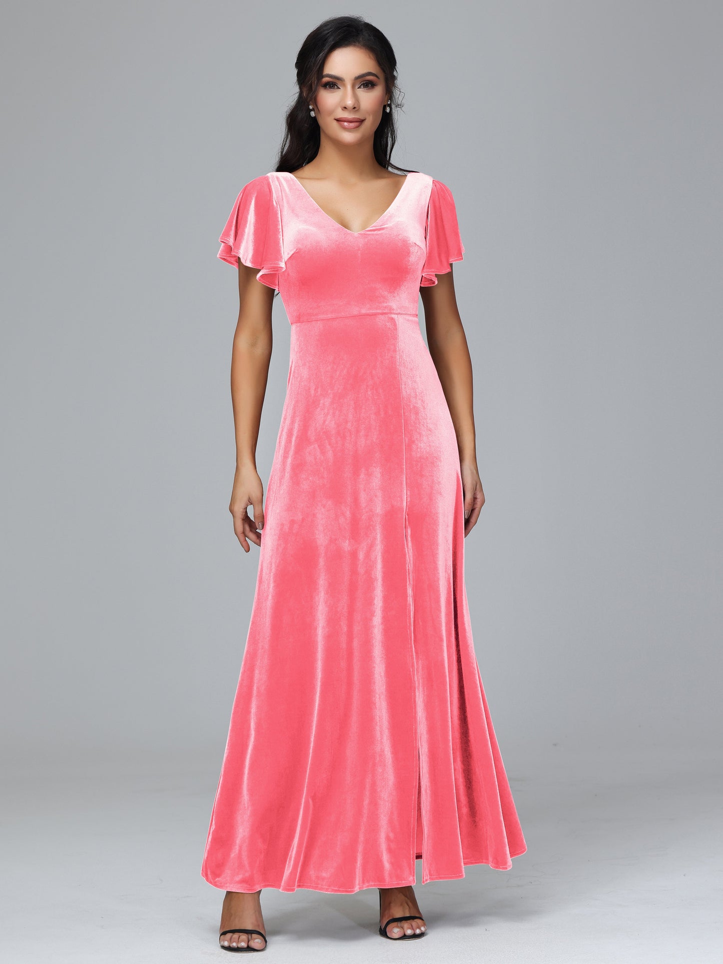 Short Sleeves Velvet Bridesmaid Dress With Slit
