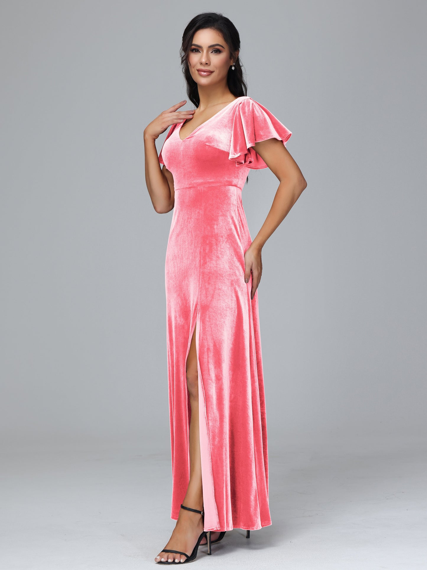 Short Sleeves Velvet Bridesmaid Dress With Slit