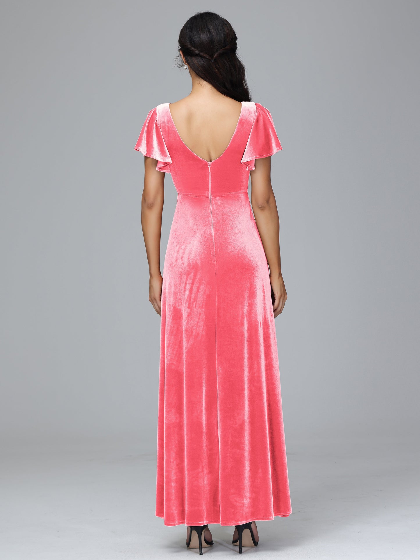 Short Sleeves Velvet Bridesmaid Dress With Slit