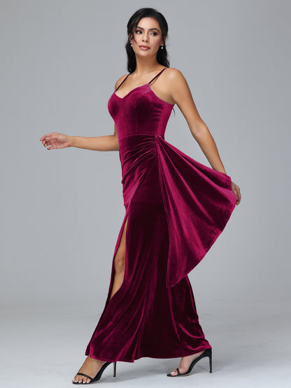 Spaghetti Straps V Neck Plus Size Velvet Bridesmaid Dress With Slit