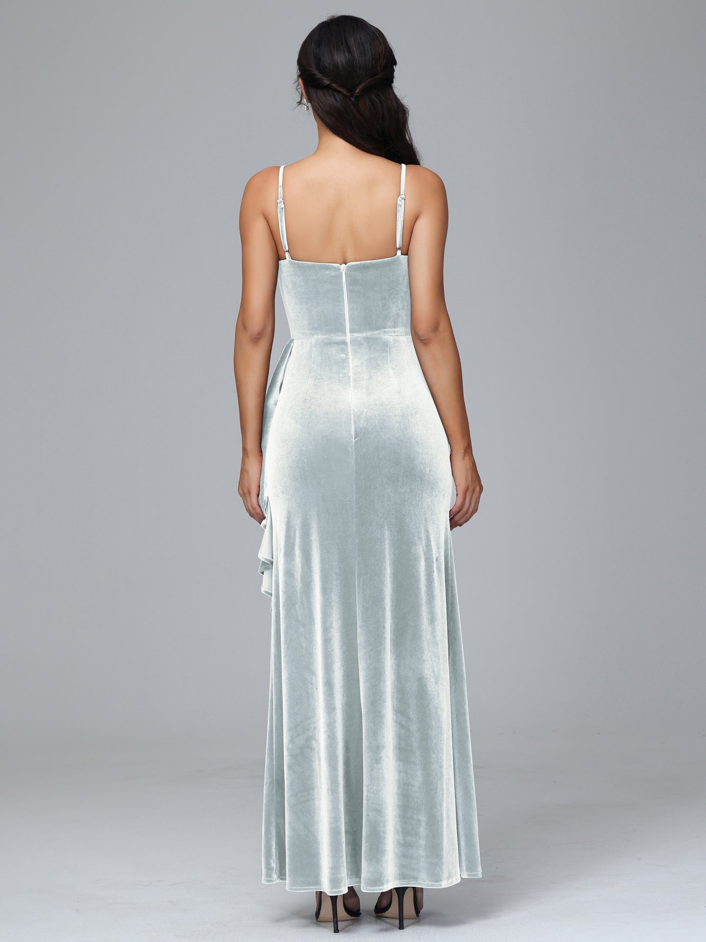 Spaghetti Straps V Neck Plus Size Velvet Bridesmaid Dress With Slit