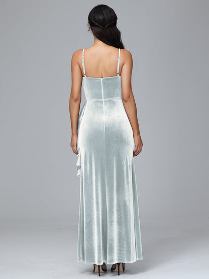 Spaghetti Straps V Neck Plus Size Velvet Bridesmaid Dress With Slit