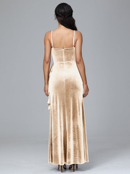 Spaghetti Straps V Neck Plus Size Velvet Bridesmaid Dress With Slit