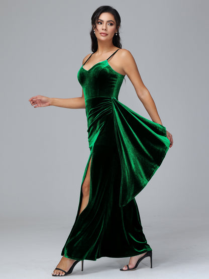 Spaghetti Straps V Neck Plus Size Velvet Bridesmaid Dress With Slit