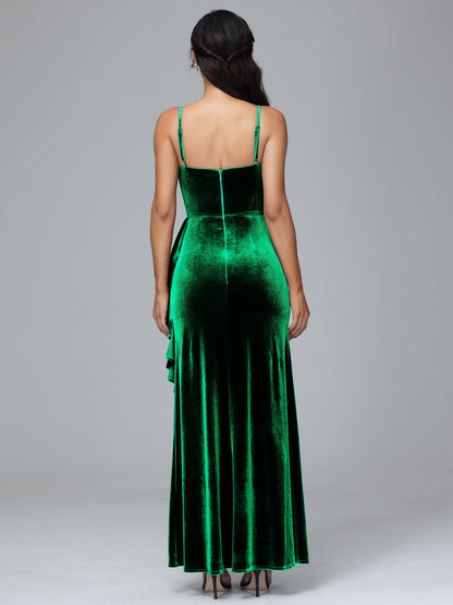 Spaghetti Straps V Neck Plus Size Velvet Bridesmaid Dress With Slit
