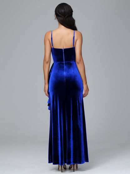 Spaghetti Straps V Neck Plus Size Velvet Bridesmaid Dress With Slit