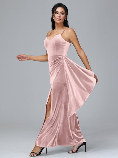 Spaghetti Straps V Neck Plus Size Velvet Bridesmaid Dress With Slit