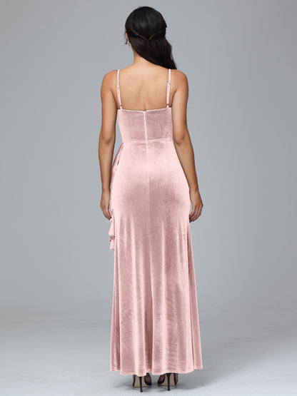 Spaghetti Straps V Neck Plus Size Velvet Bridesmaid Dress With Slit