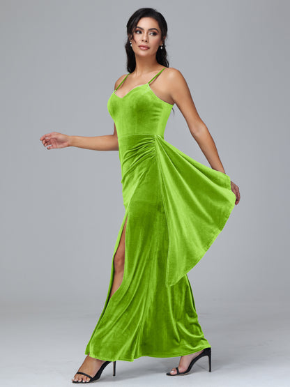 Spaghetti Straps V Neck Plus Size Velvet Bridesmaid Dress With Slit