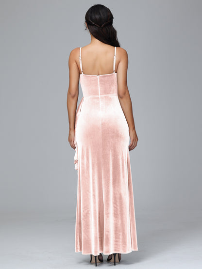 Spaghetti Straps V Neck Plus Size Velvet Bridesmaid Dress With Slit