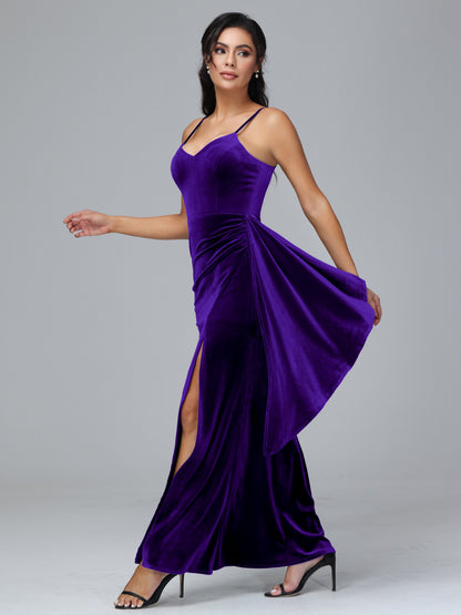 Spaghetti Straps V Neck Plus Size Velvet Bridesmaid Dress With Slit