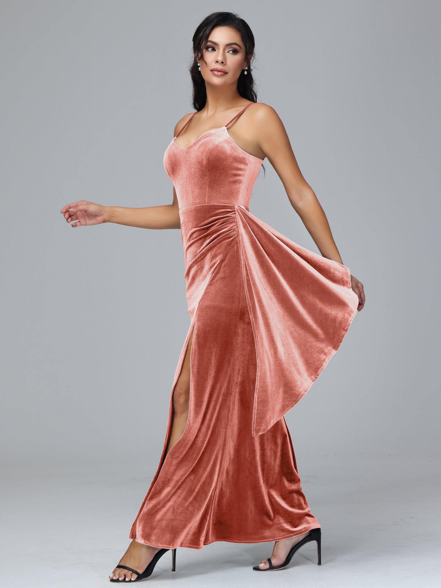 Spaghetti Straps V Neck Velvet Bridesmaid Dress With Slit