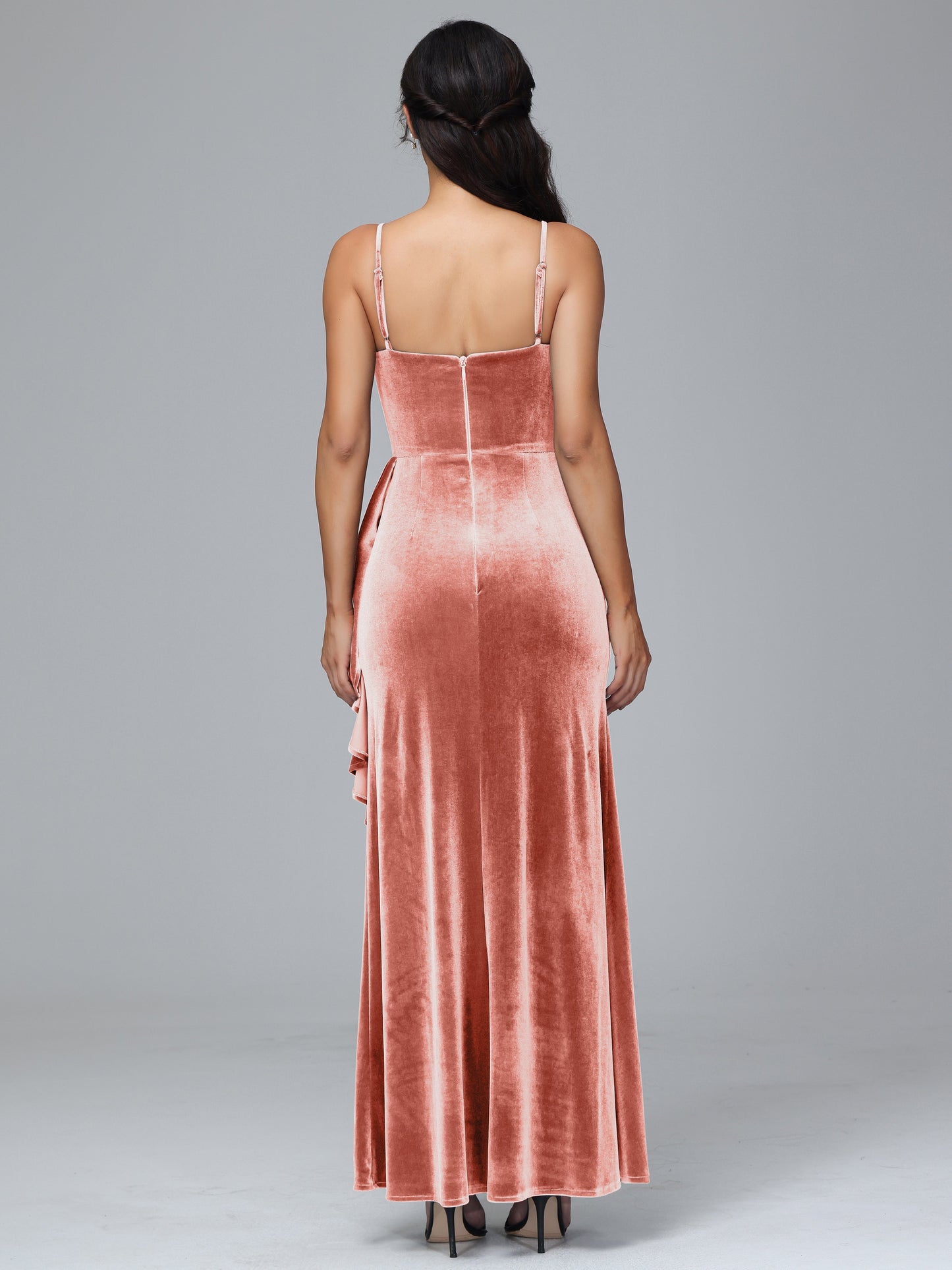 Spaghetti Straps V Neck Plus Size Velvet Bridesmaid Dress With Slit