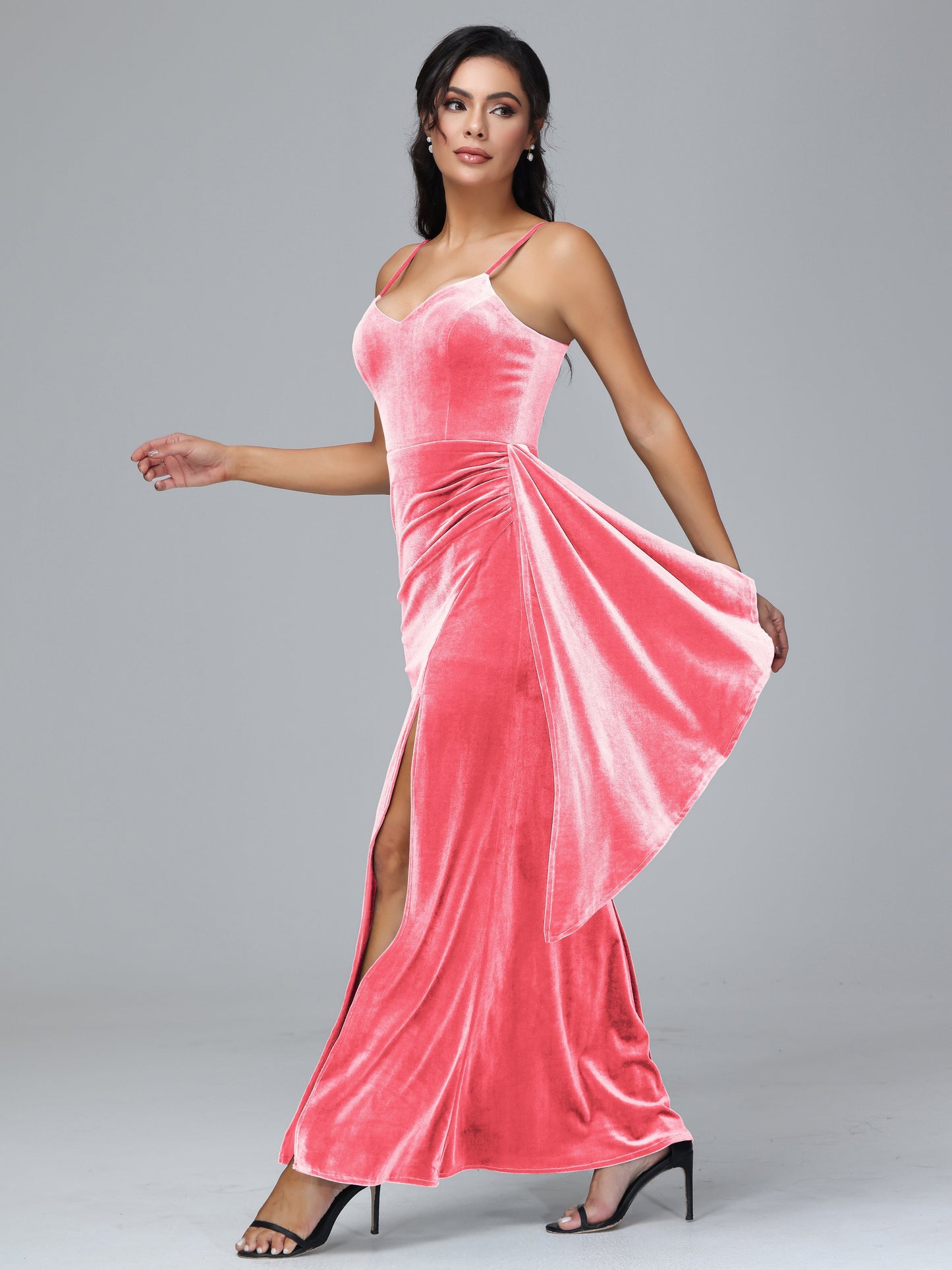 Spaghetti Straps V Neck Plus Size Velvet Bridesmaid Dress With Slit