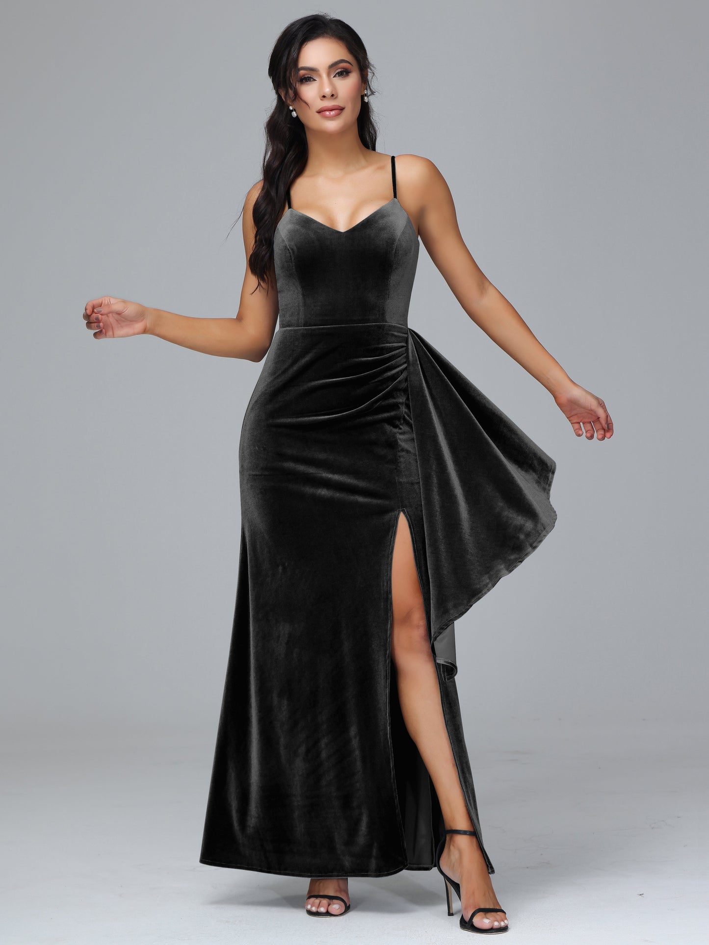 Spaghetti Straps V Neck Plus Size Velvet Bridesmaid Dress With Slit