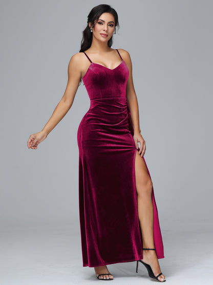 Spaghetti Straps V Neck Plus Size Velvet Bridesmaid Dress With Slit