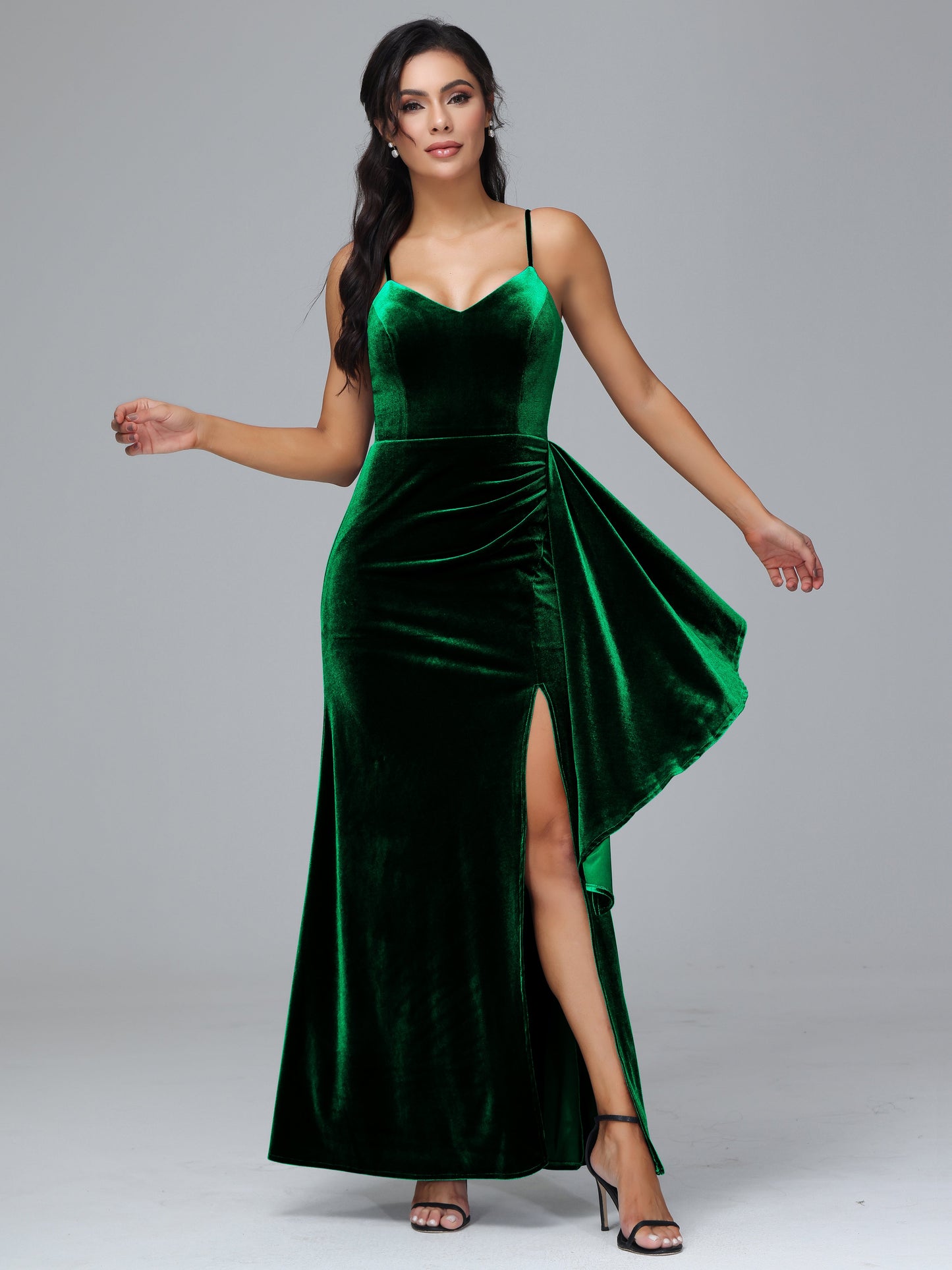 Spaghetti Straps V Neck Velvet Bridesmaid Dress With Slit