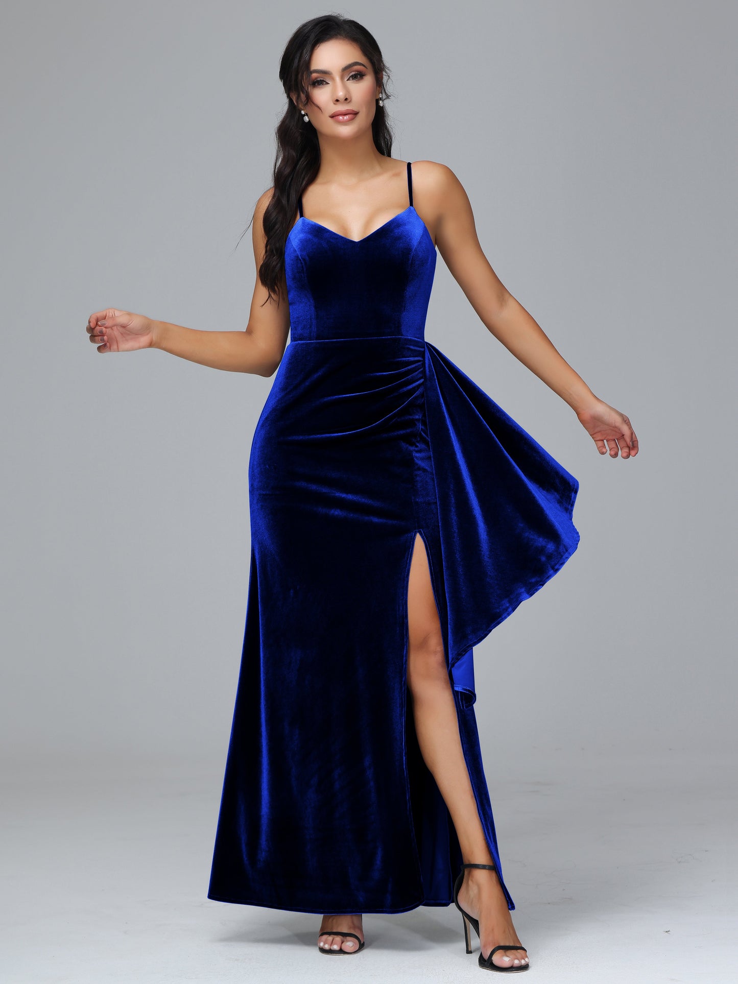 Spaghetti Straps V Neck Velvet Bridesmaid Dress With Slit