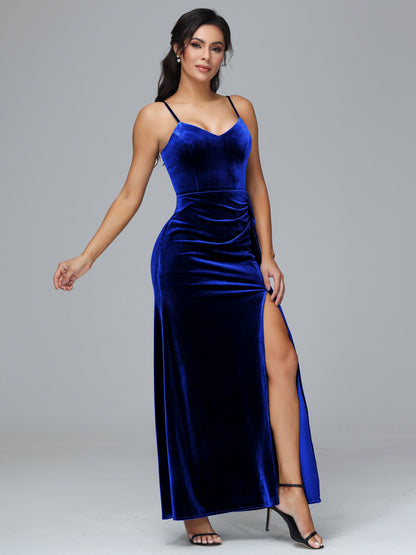 Spaghetti Straps V Neck Plus Size Velvet Bridesmaid Dress With Slit