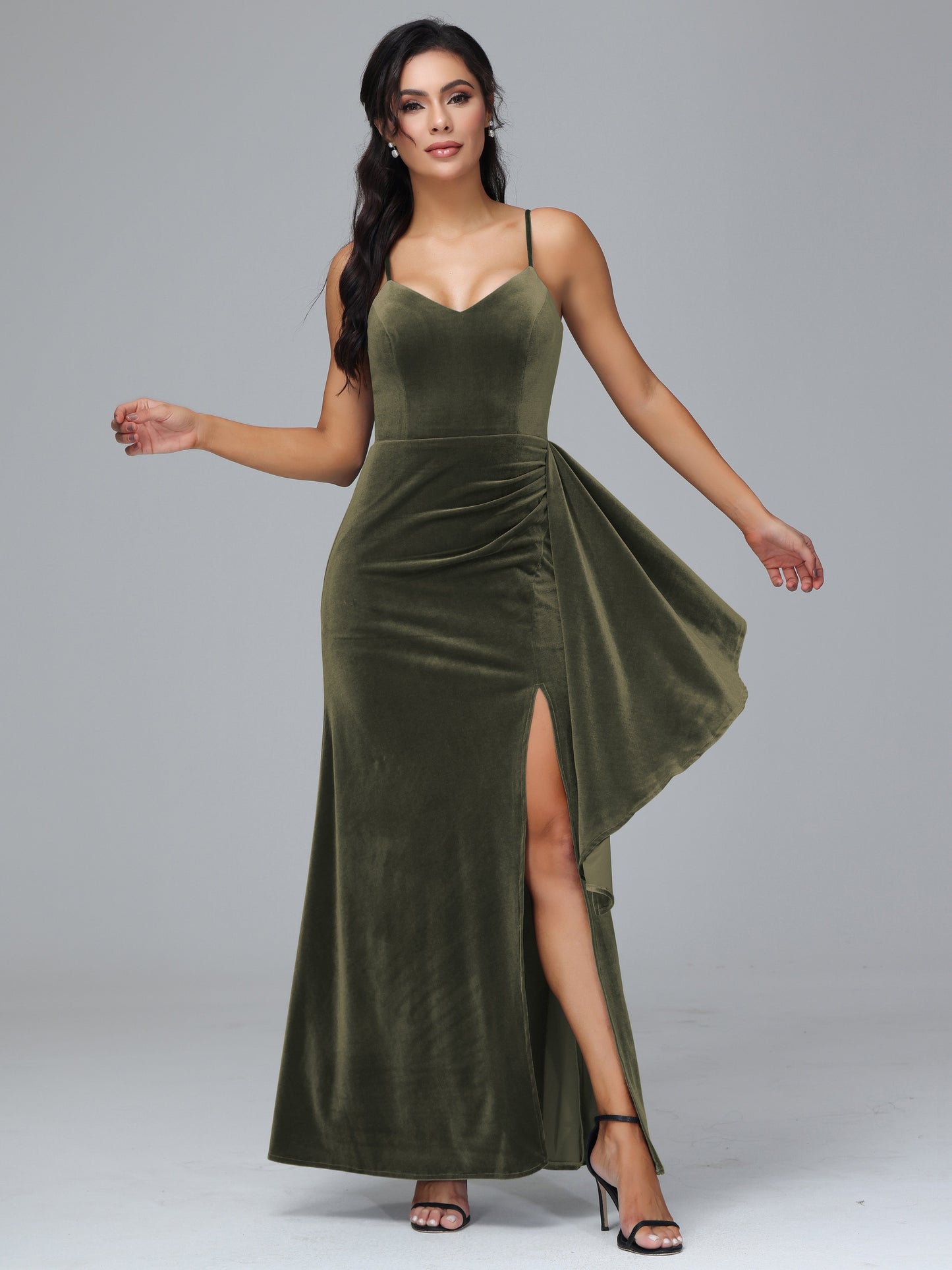 Spaghetti Straps V Neck Velvet Bridesmaid Dress With Slit
