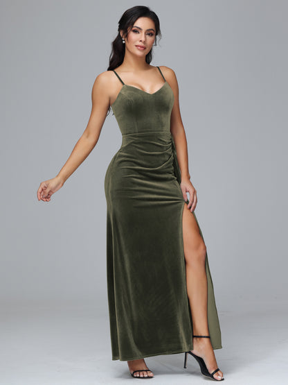 Spaghetti Straps V Neck Plus Size Velvet Bridesmaid Dress With Slit