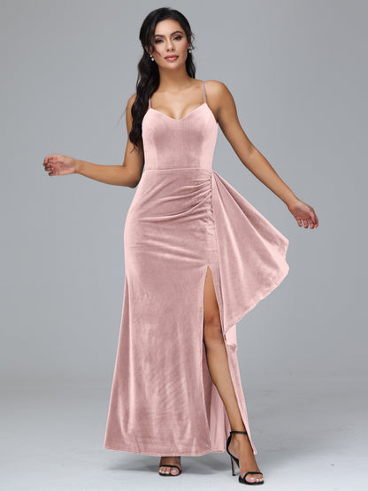 Spaghetti Straps V Neck Plus Size Velvet Bridesmaid Dress With Slit