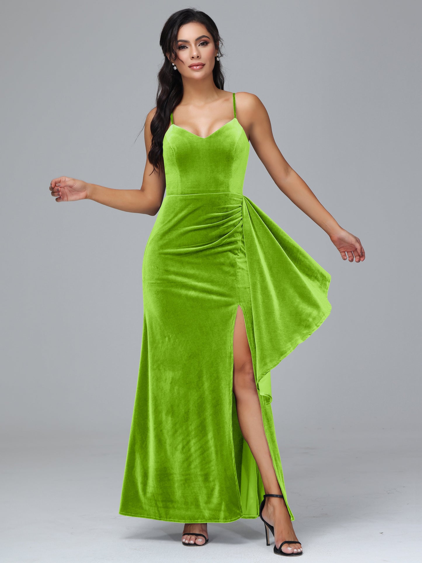 Spaghetti Straps V Neck Plus Size Velvet Bridesmaid Dress With Slit