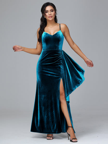 Spaghetti Straps V Neck Plus Size Velvet Bridesmaid Dress With Slit