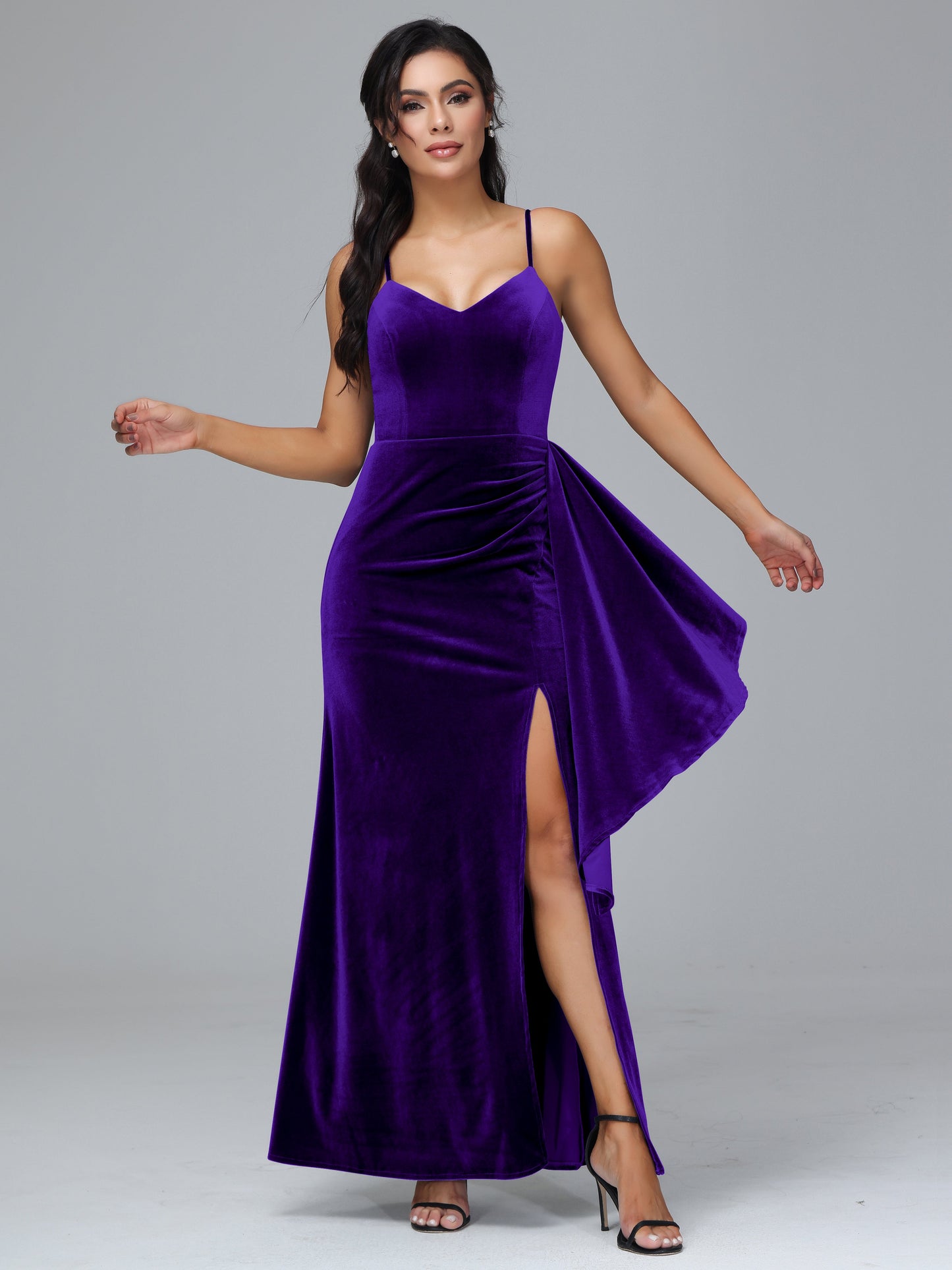 Spaghetti Straps V Neck Velvet Bridesmaid Dress With Slit