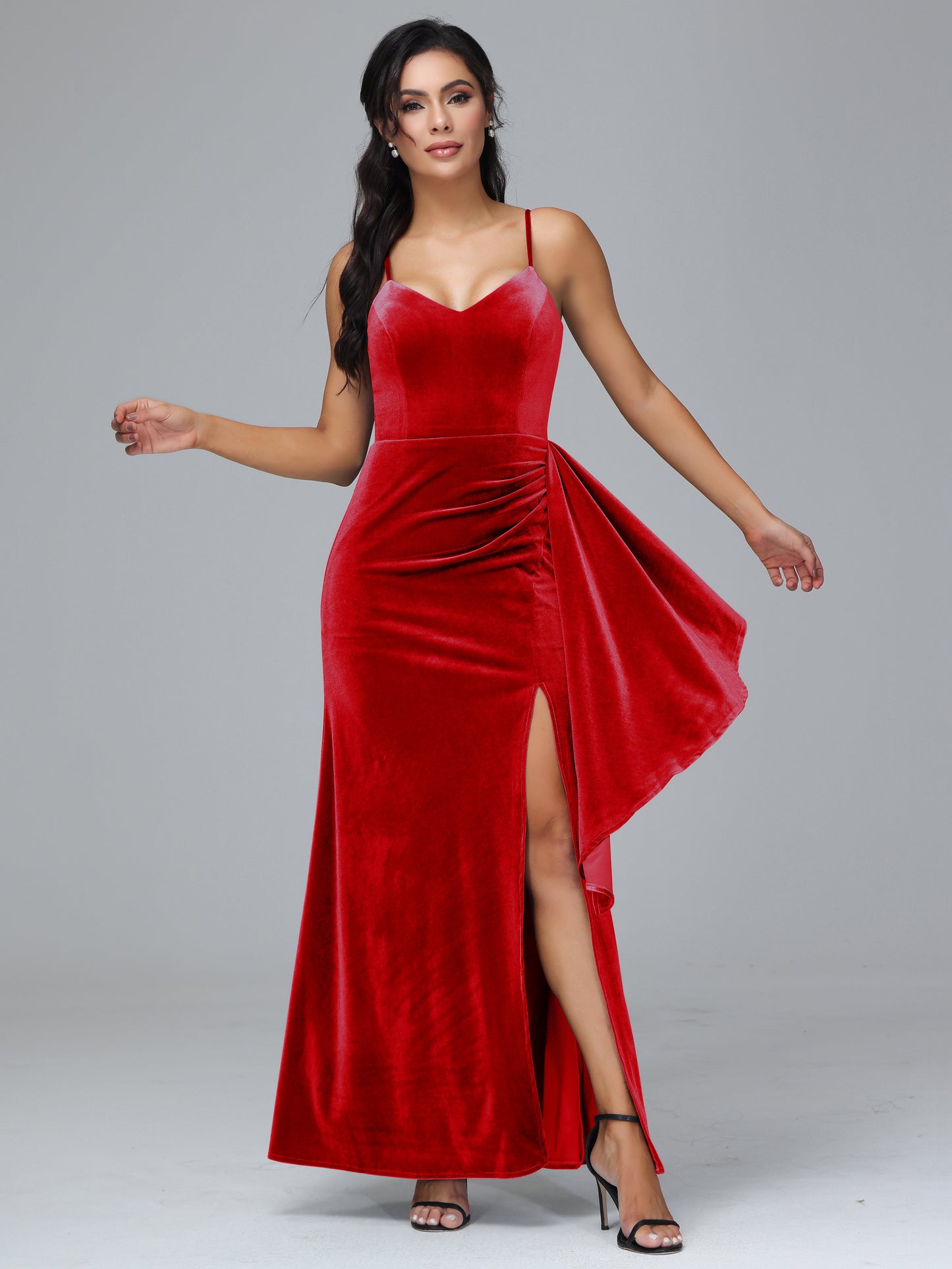 Spaghetti Straps V Neck Velvet Bridesmaid Dress With Slit