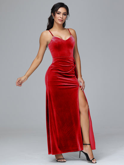 Spaghetti Straps V Neck Plus Size Velvet Bridesmaid Dress With Slit