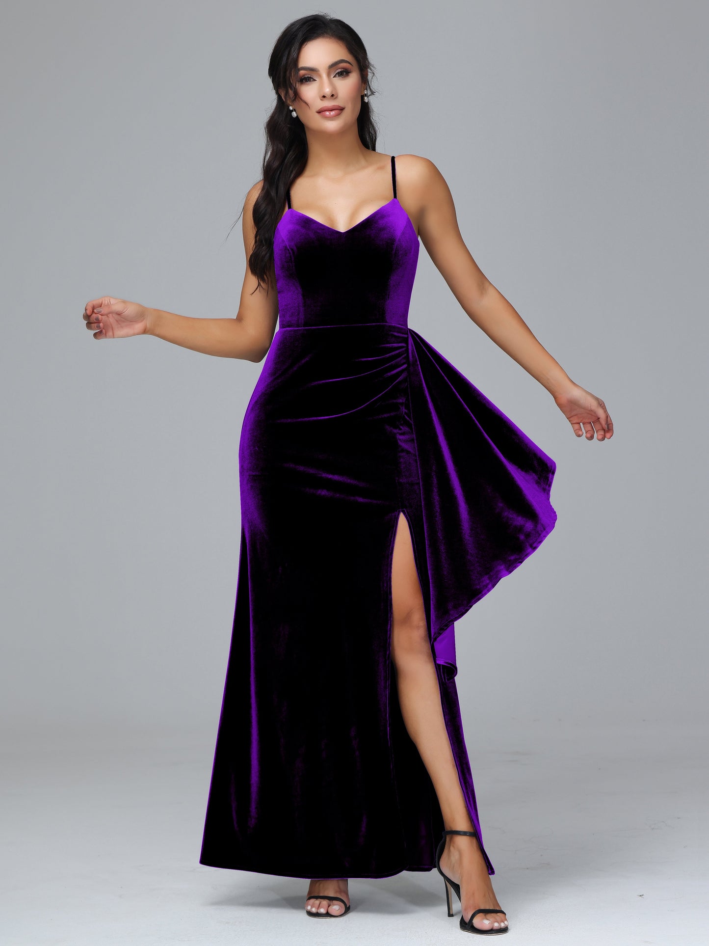 Spaghetti Straps V Neck Velvet Bridesmaid Dress With Slit