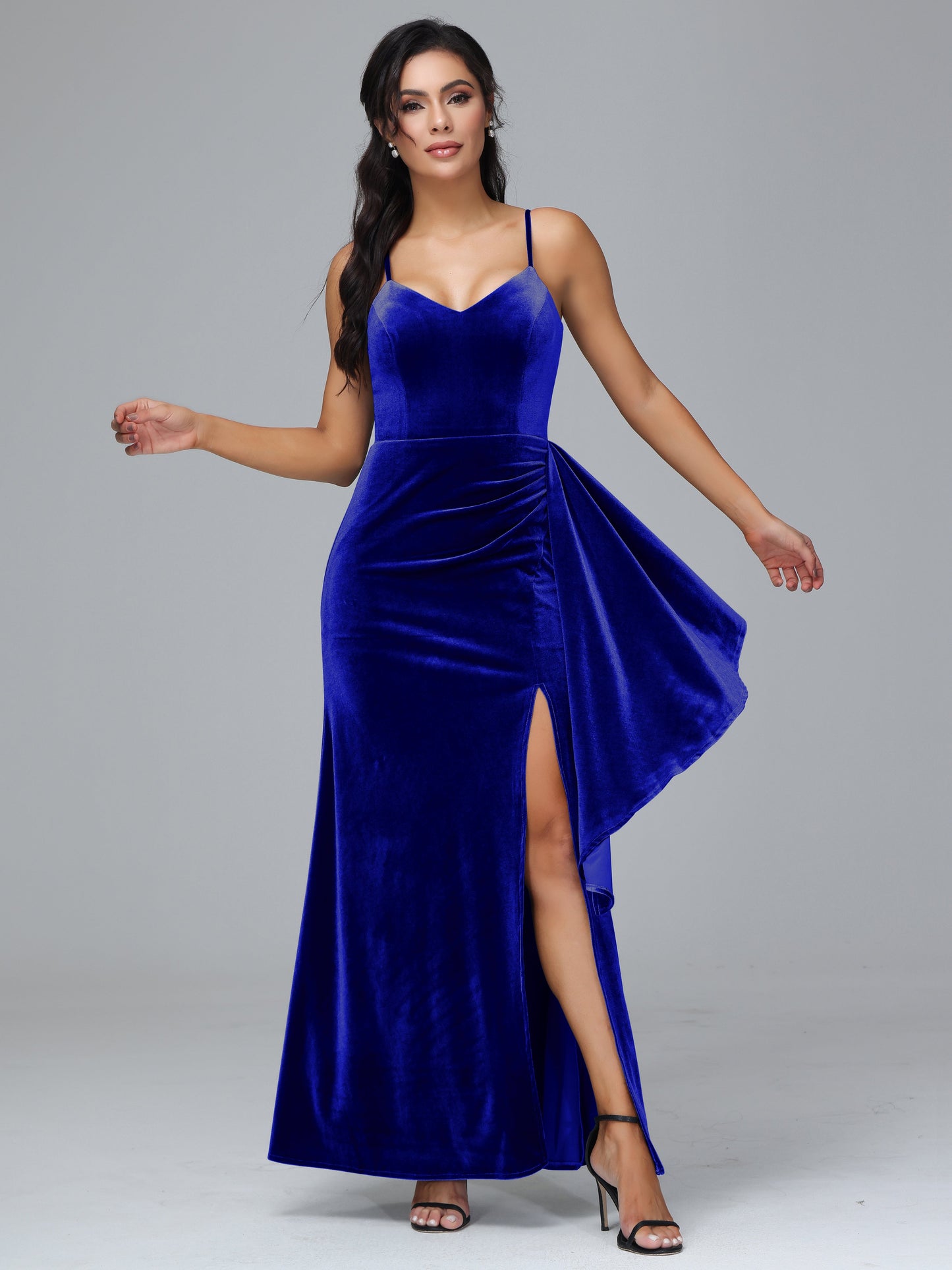 Spaghetti Straps V Neck Velvet Bridesmaid Dress With Slit