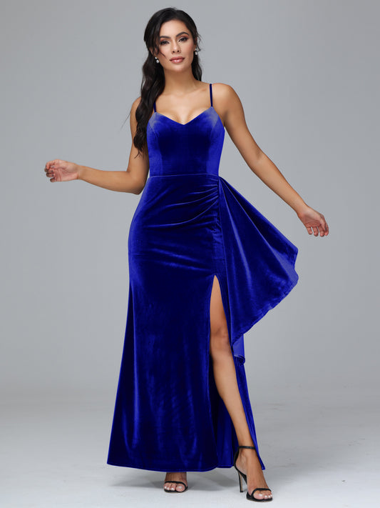 Spaghetti Straps V Neck Velvet Bridesmaid Dress With Slit