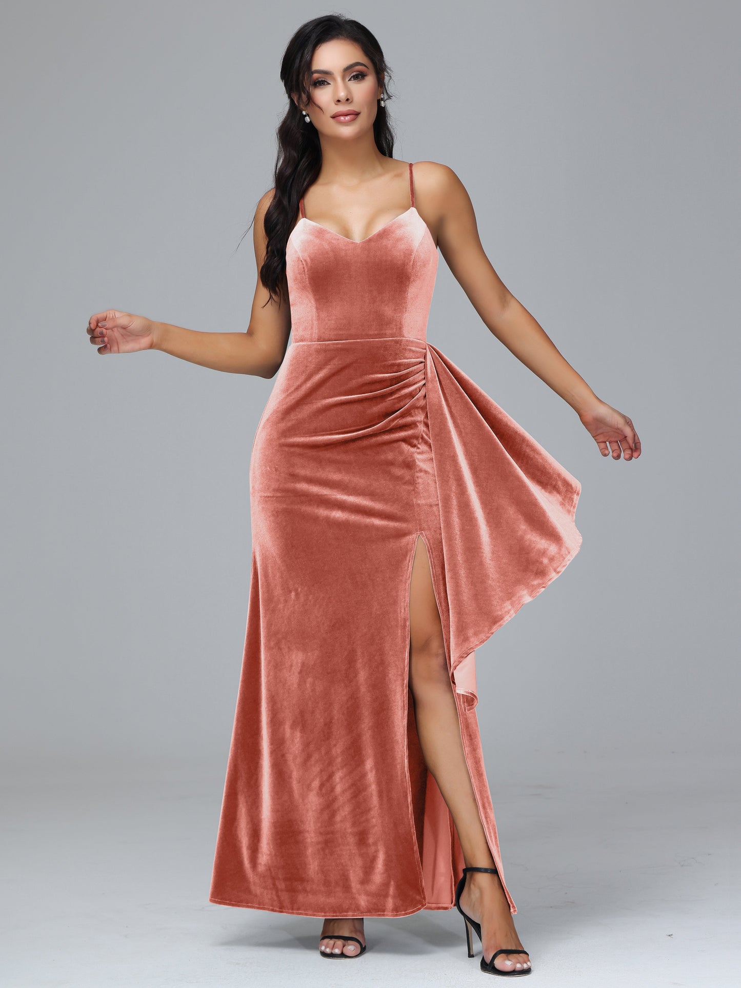Spaghetti Straps V Neck Plus Size Velvet Bridesmaid Dress With Slit