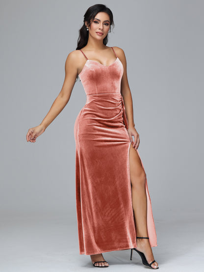 Spaghetti Straps V Neck Plus Size Velvet Bridesmaid Dress With Slit
