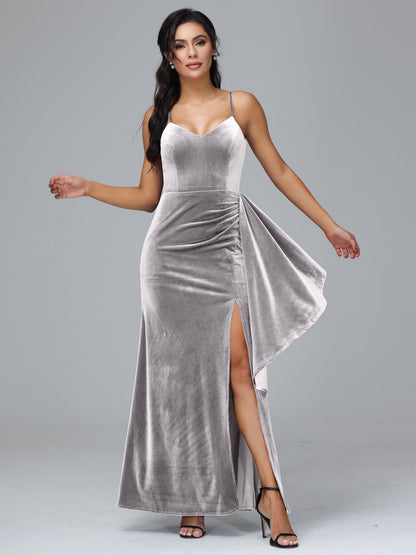 Spaghetti Straps V Neck Plus Size Velvet Bridesmaid Dress With Slit