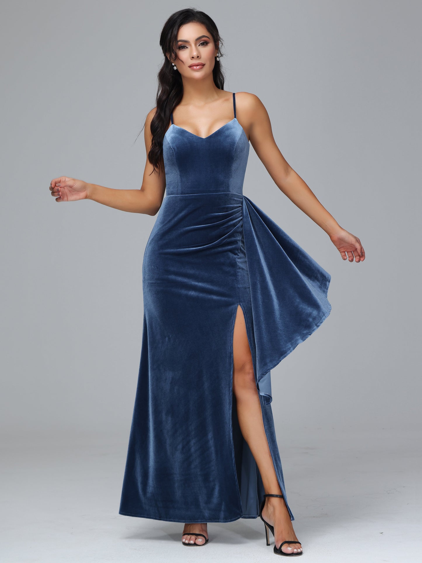 Spaghetti Straps V Neck Plus Size Velvet Bridesmaid Dress With Slit