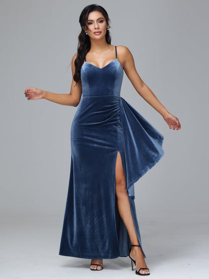 Spaghetti Straps V Neck Plus Size Velvet Bridesmaid Dress With Slit