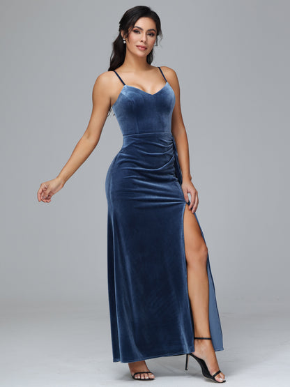 Spaghetti Straps V Neck Plus Size Velvet Bridesmaid Dress With Slit