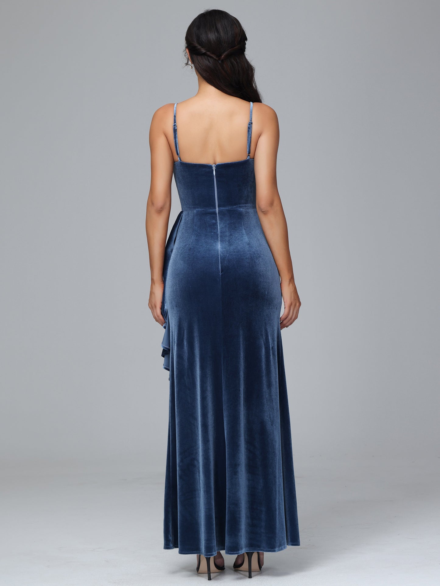Spaghetti Straps V Neck Plus Size Velvet Bridesmaid Dress With Slit