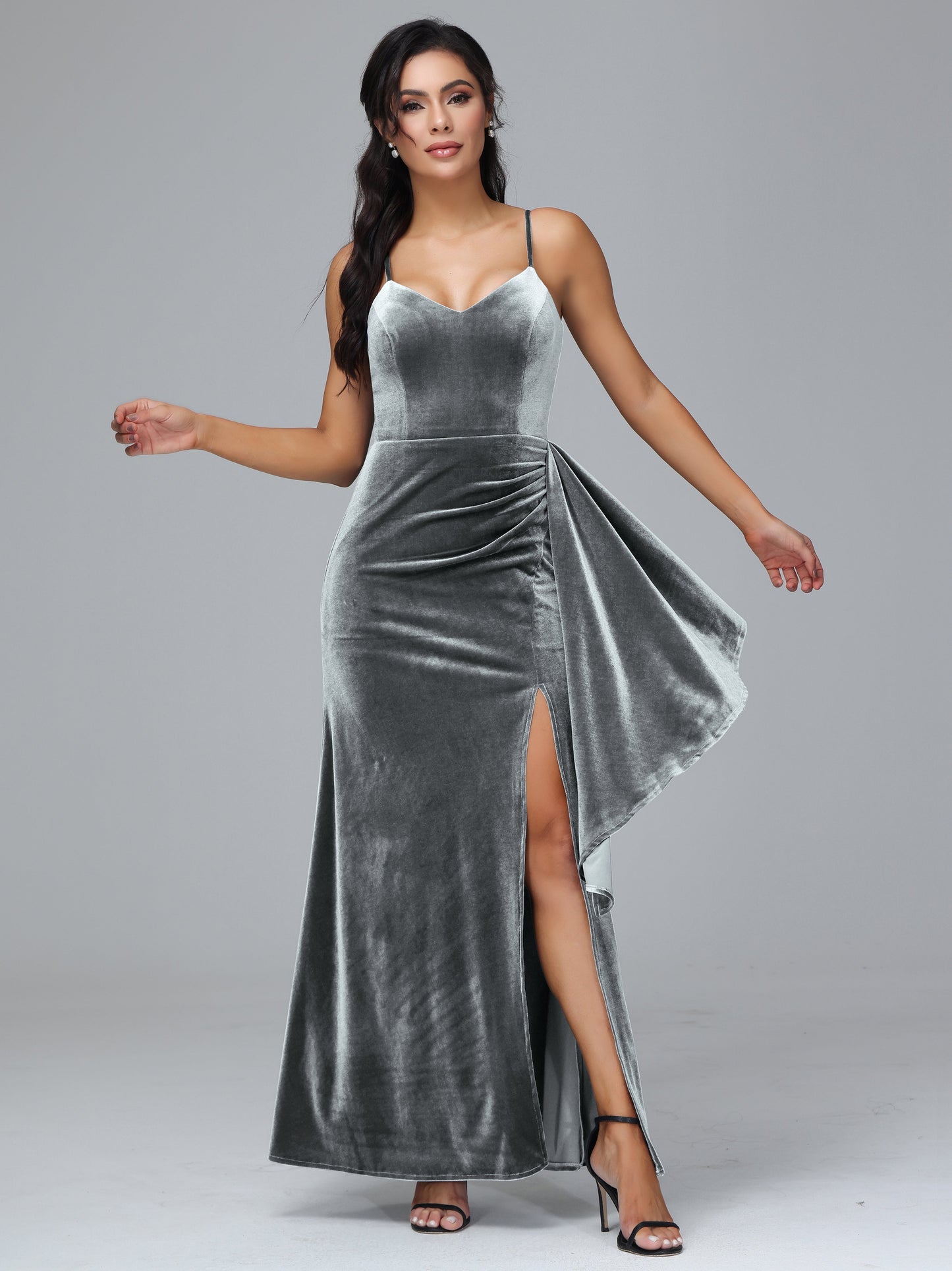 Spaghetti Straps V Neck Velvet Bridesmaid Dress With Slit