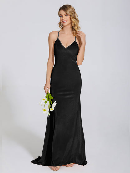 Sloane Spaghetti Straps Velvet Trumpet Bridesmaid Dress