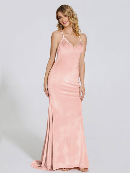 Sloane Spaghetti Straps Velvet Trumpet Bridesmaid Dress