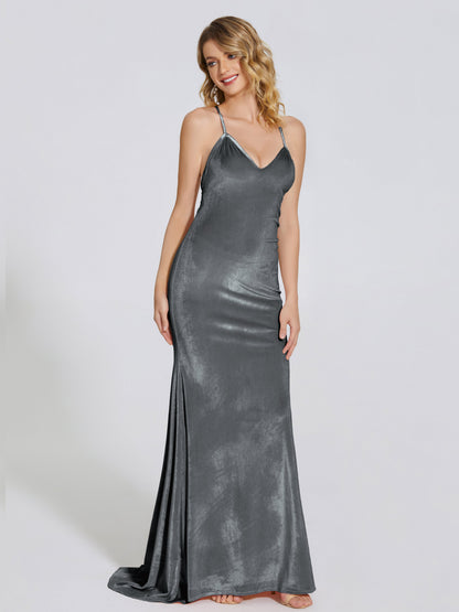 Sloane Spaghetti Straps Velvet Trumpet Bridesmaid Dress