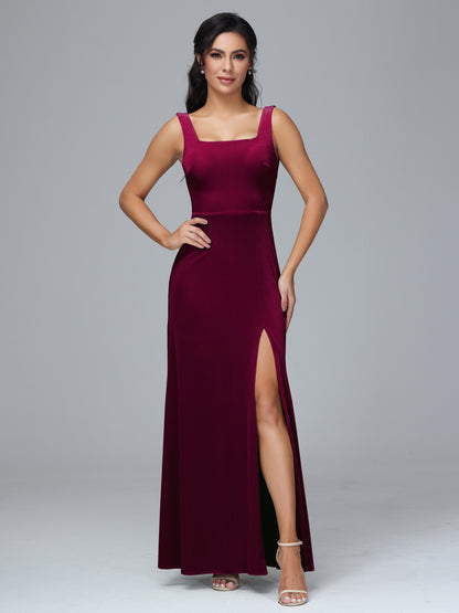 Square Neck Plus Size Velvet Bridesmaid Dress With Slit